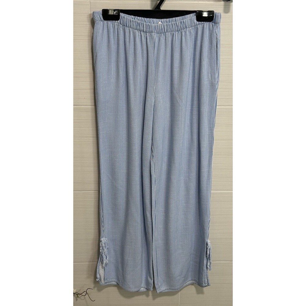 Sienna Sky Blue White Stripe Wide Leg Ankle Tie Linen Blend Pant M, Beach Coast